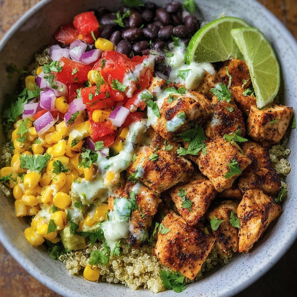 Overhead shot of a Chicken Taco Bowl with quinoa, corn, black beans, salsa, chicken, and lime.