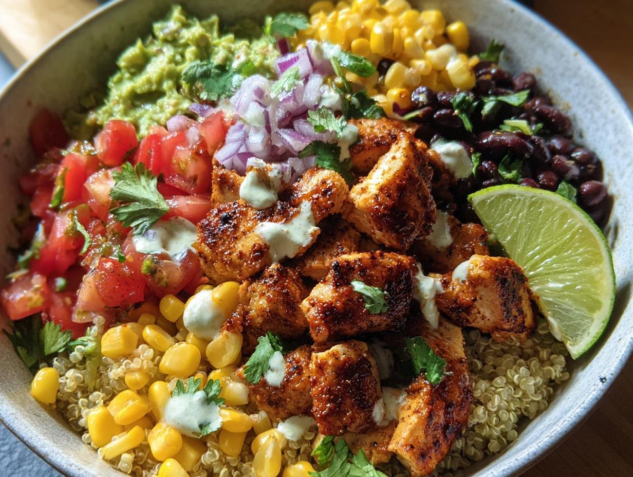 Overhead shot of a colorful Chicken Taco Bowl with chicken, corn, black beans, guacamole, and lime.