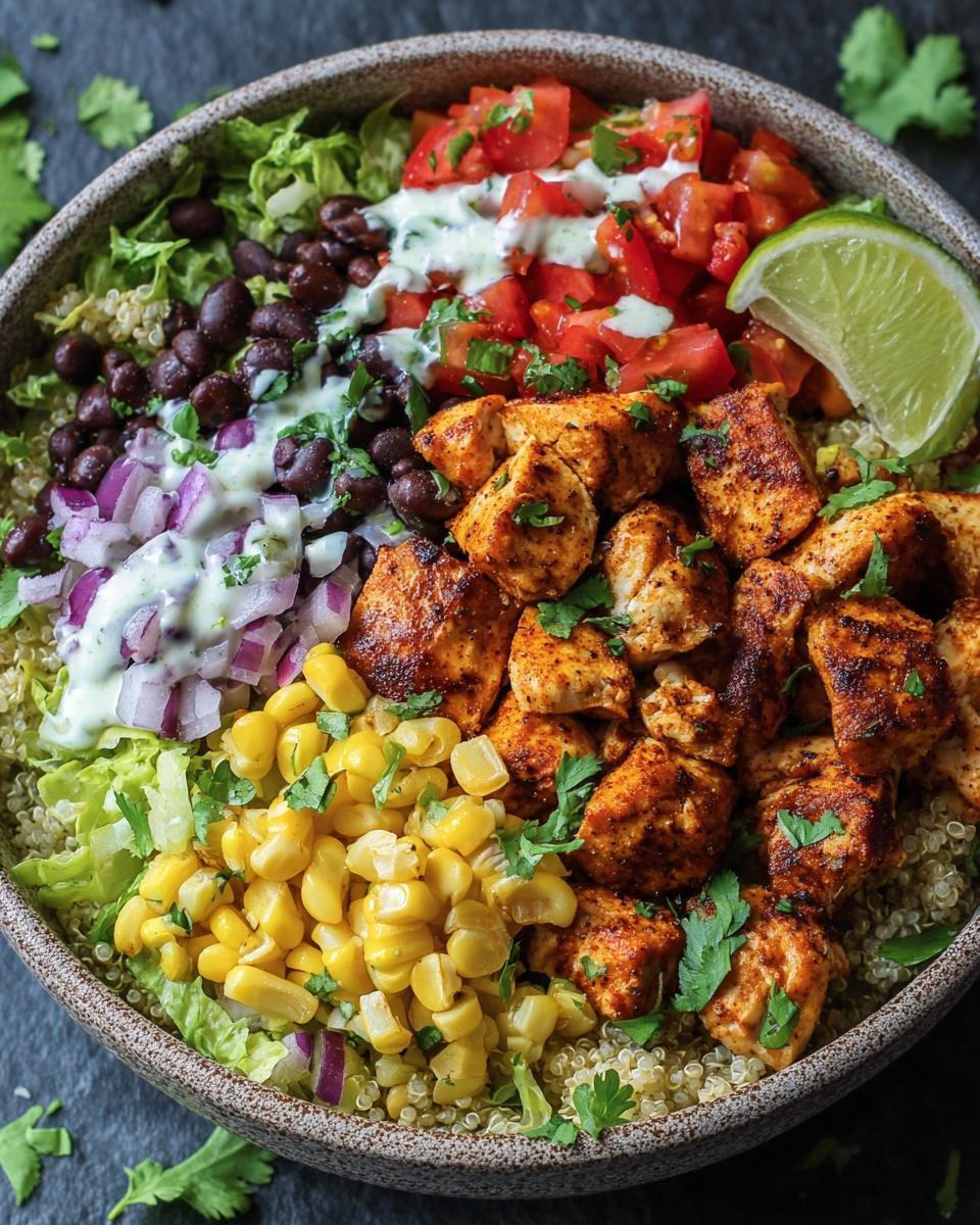 A vibrant Chicken Taco Bowl filled with seasoned chicken, corn, black beans, tomatoes, and a creamy dressing.