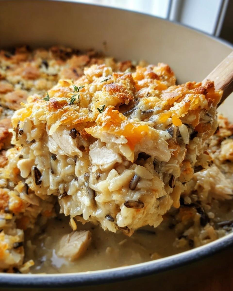 A spoonful of creamy Chicken Wild Rice Casserole being scooped from a baking dish, showing the chicken, rice, and golden crust.