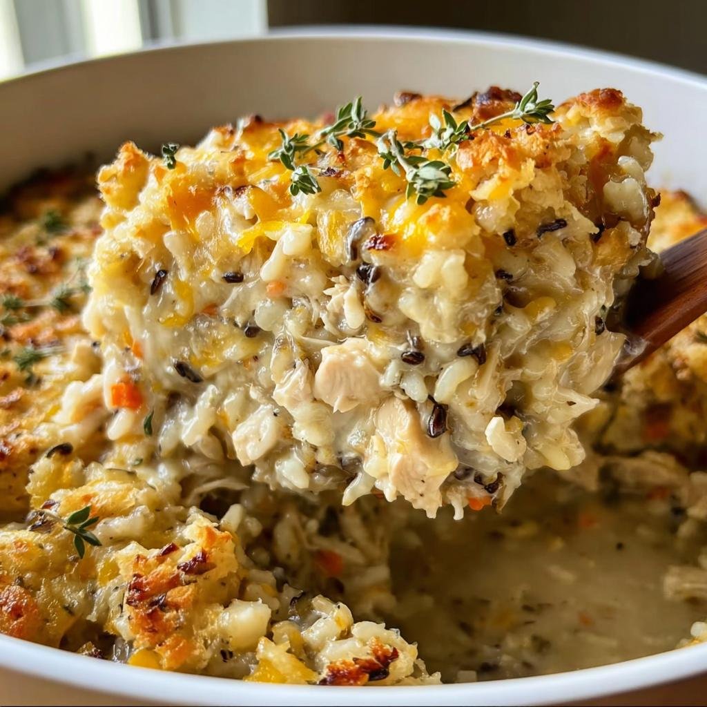 A spoonful of creamy Chicken Wild Rice Casserole being lifted from a baking dish, garnished with thyme.