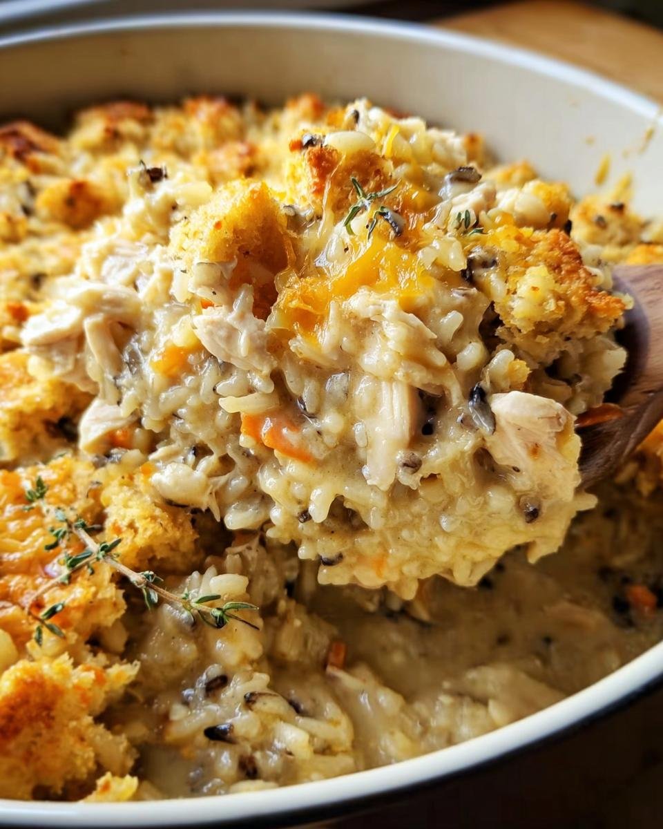 A spoonful of Chicken Wild Rice Casserole being lifted from the baking dish, showing chicken, rice, and topping.