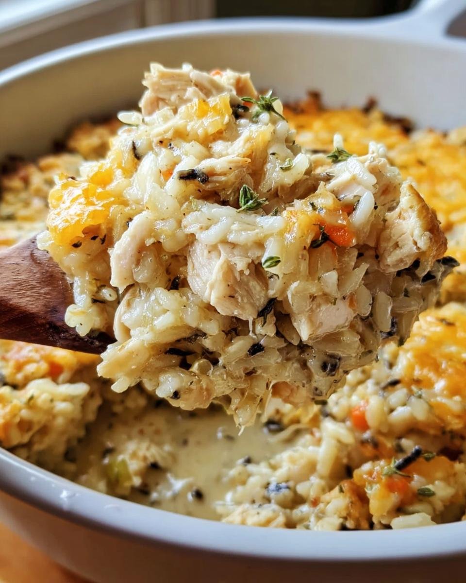 Wooden spoon holding a generous serving of Chicken Wild Rice Casserole, showcasing the creamy texture and ingredients.