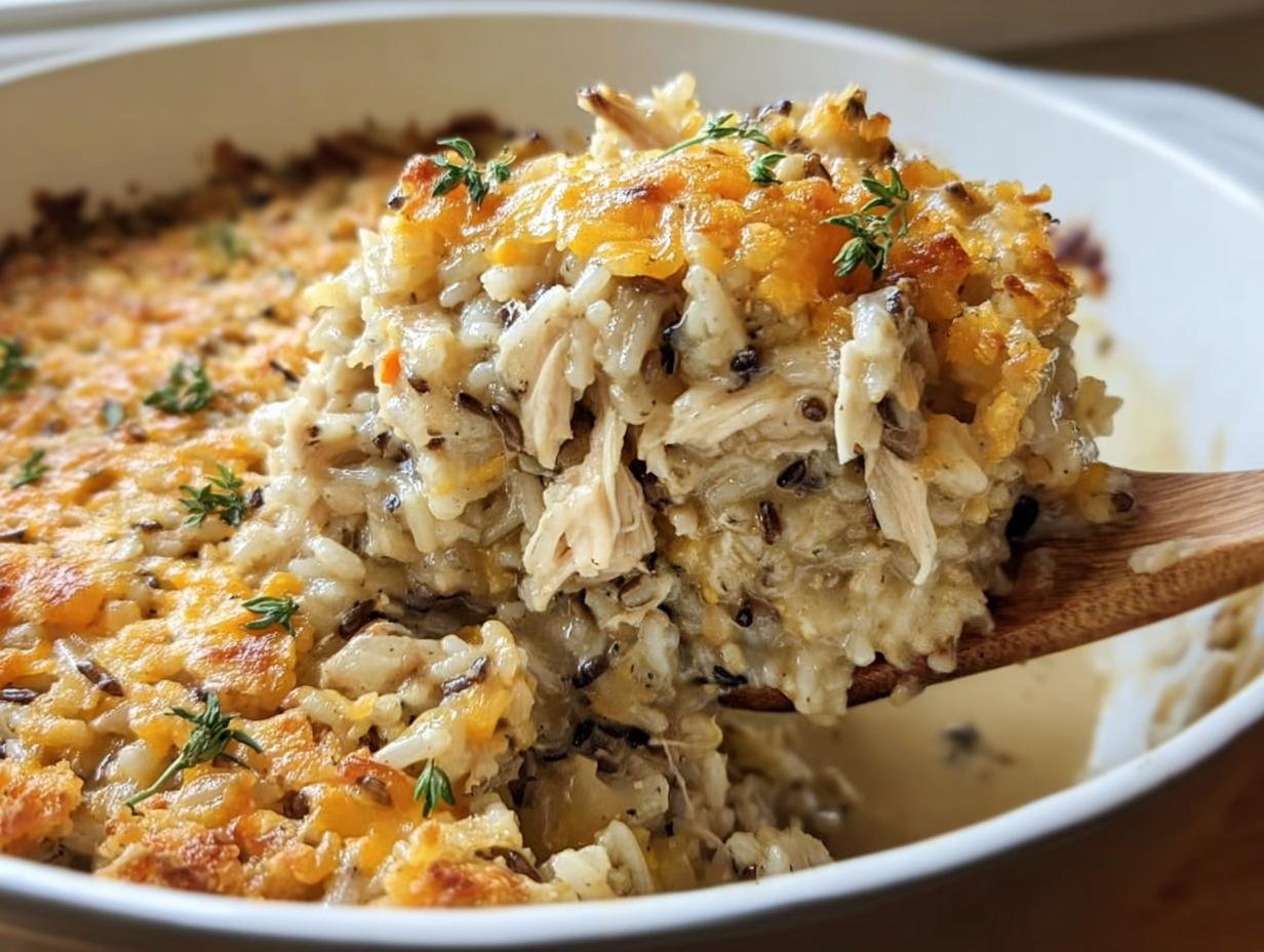 Spoonful of creamy chicken wild rice casserole with a golden crust and fresh thyme garnish.