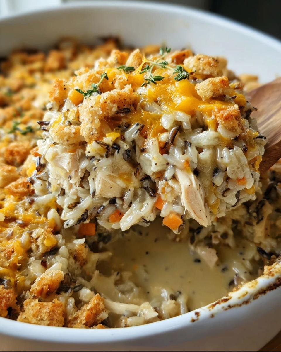 A spoonful of Chicken Wild Rice Casserole being lifted from a white baking dish, showing chicken, rice, and a golden crust.