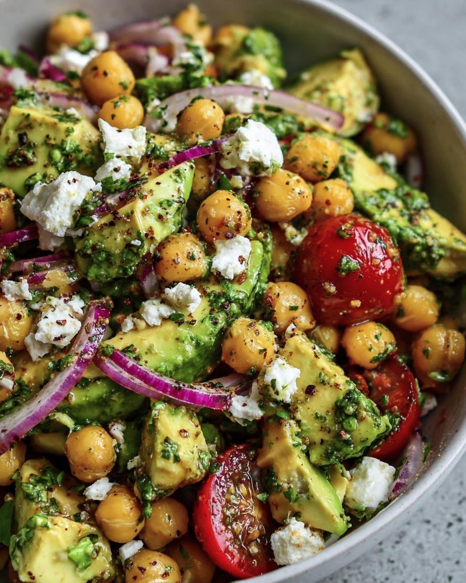 Close-up of a vibrant Chickpea Feta Avocado Salad with tomatoes, red onion, and a green dressing.