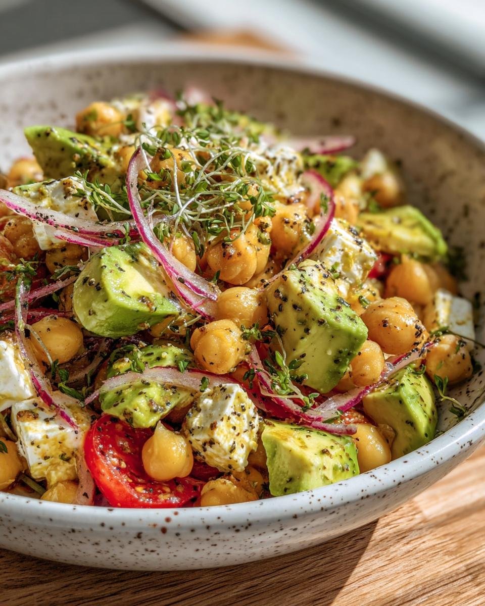 A vibrant Chickpea Feta Avocado Salad in a speckled bowl, featuring chickpeas, feta, avocado, red onion, and sprouts.