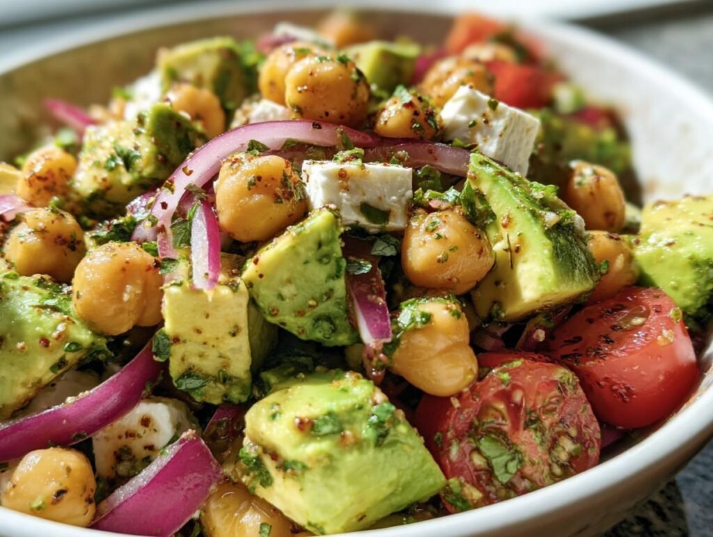 Close-up of a vibrant Chickpea Feta Avocado Salad with red onion and tomatoes in a white bowl.