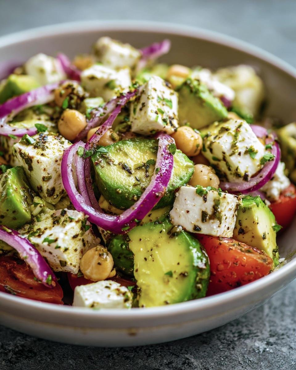 Close-up of a Chickpea Feta Avocado Salad in a bowl, featuring chickpeas, feta cheese, avocado, and red onion.