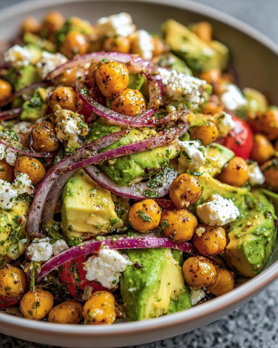 Close-up of a vibrant Chickpea Feta Avocado Salad with red onion and herbs in a bowl.