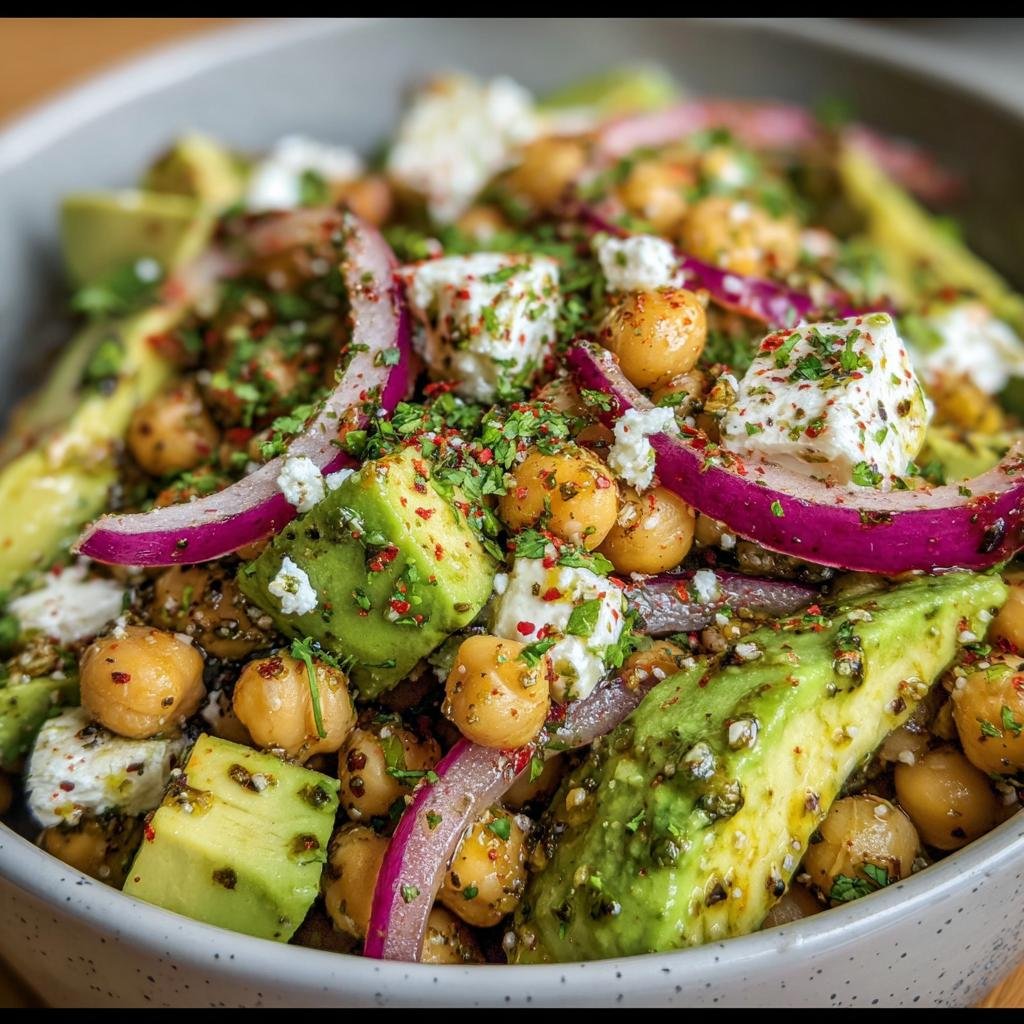 A vibrant Chickpea Feta Avocado Salad with red onion, herbs, and a light dressing.