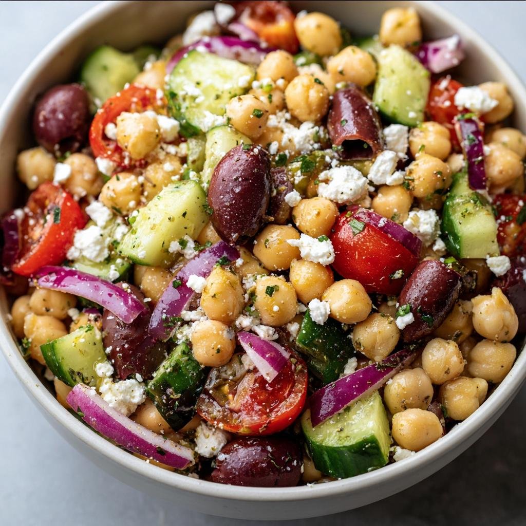 Close-up of a vibrant Chickpea Feta Salad in a bowl with cucumbers, tomatoes, red onion, and olives.