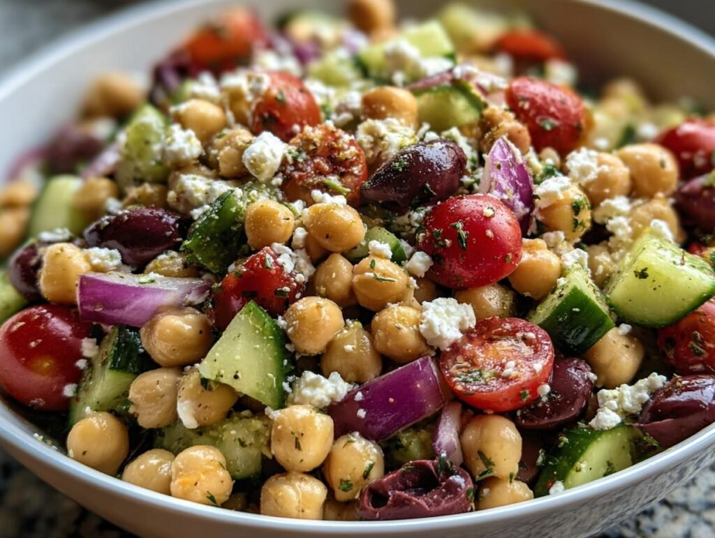 Close-up of a colorful Chickpea Feta Salad with tomatoes, cucumber, red onion, and olives in a white bowl.