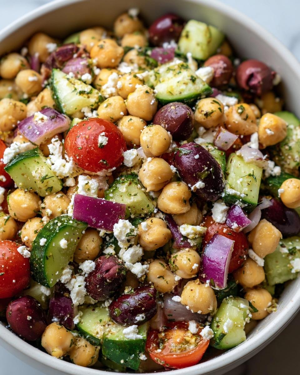 Close-up of a vibrant Chickpea Feta Salad with cucumbers, tomatoes, red onion, and olives.