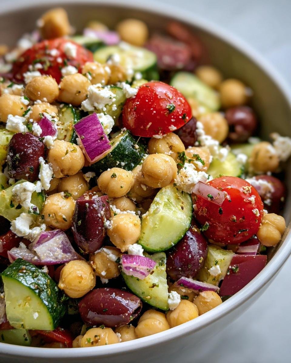 Close-up of a vibrant Chickpea Feta Salad with tomatoes, cucumbers, red onion, and olives in a bowl.