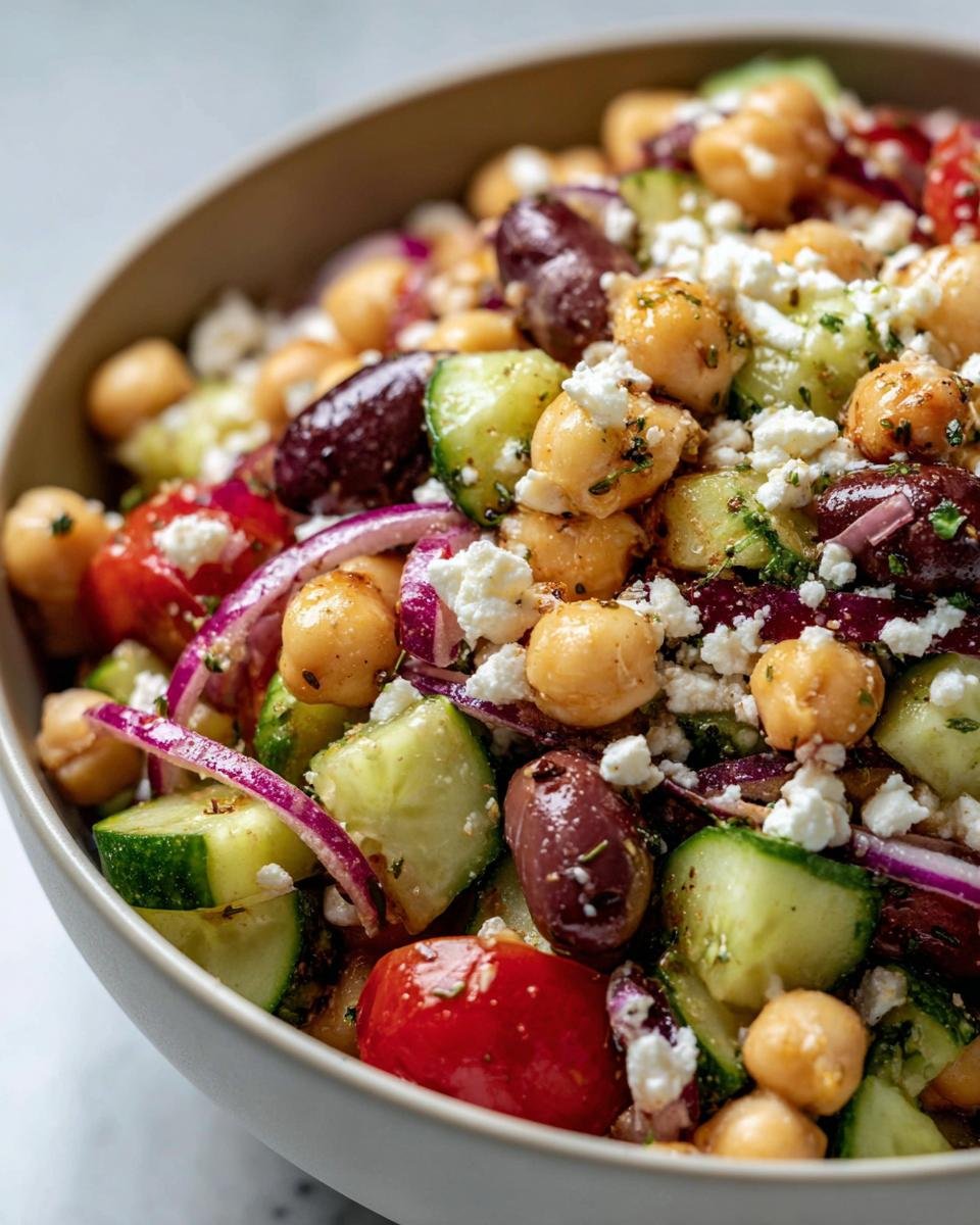 A vibrant bowl of Chickpea Feta Salad with cucumbers, tomatoes, red onion, and olives.
