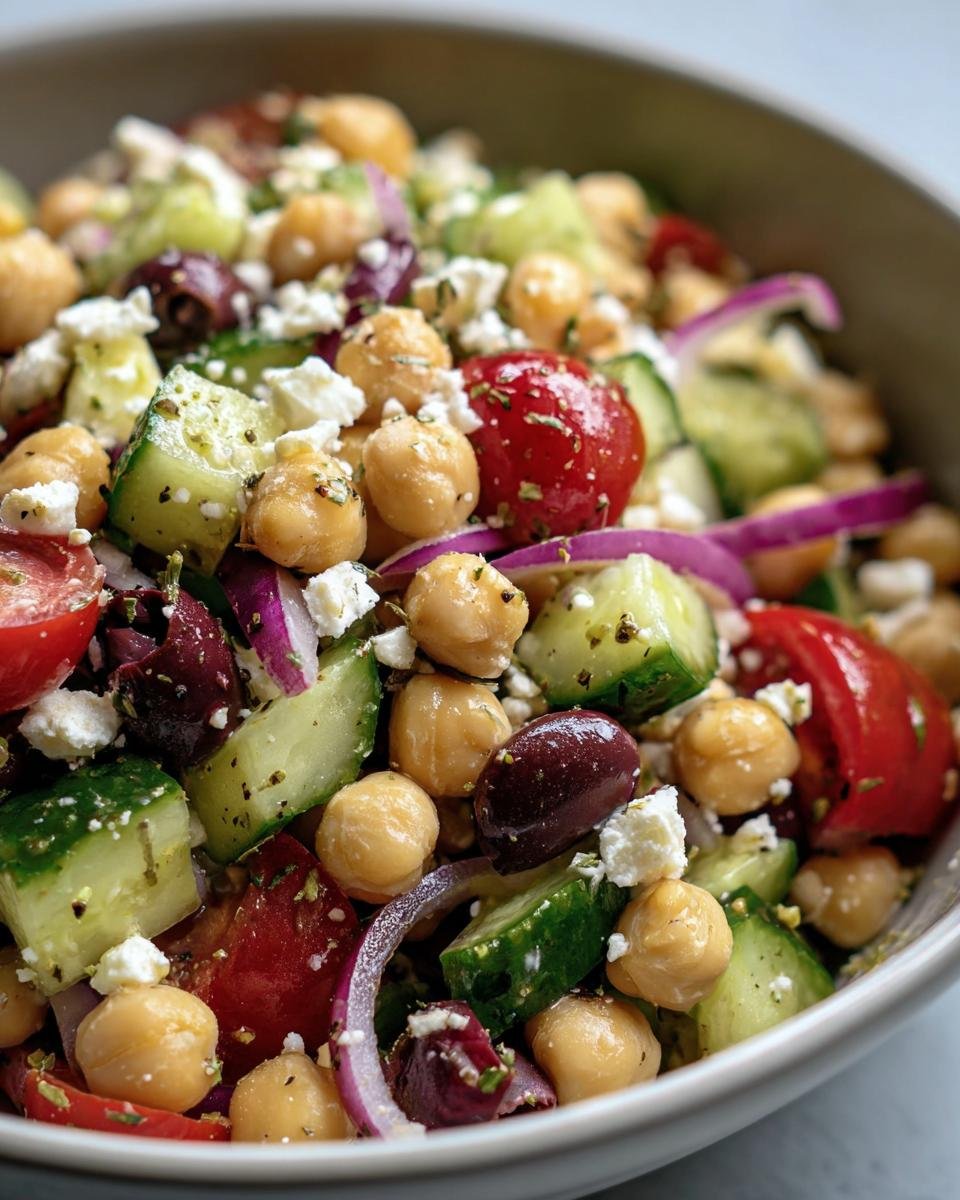 Close-up of a vibrant Chickpea Feta Salad with cucumbers, tomatoes, red onion, olives, and feta cheese.