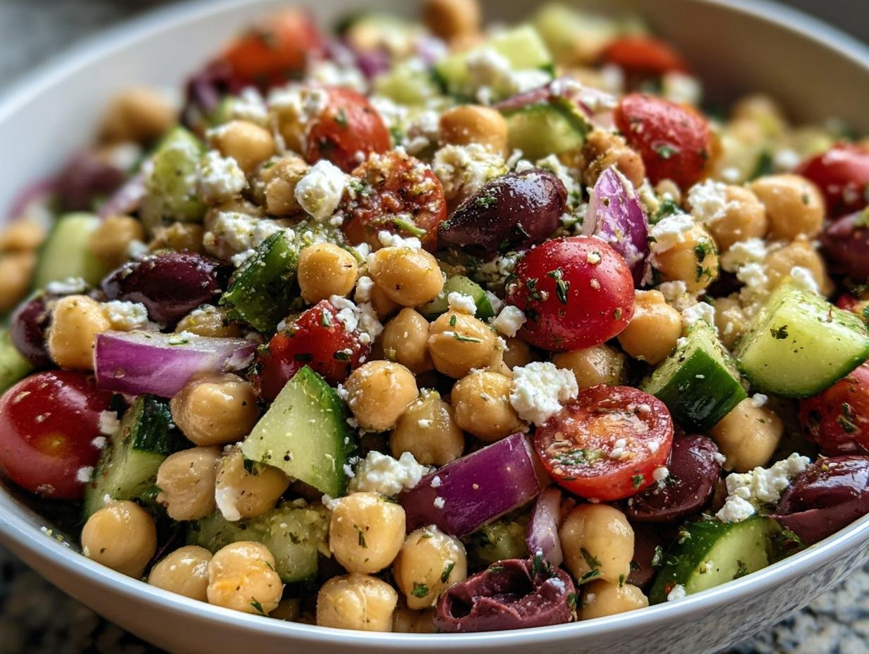 Close-up of a colorful Chickpea Feta Salad with tomatoes, cucumber, red onion, and olives in a white bowl.