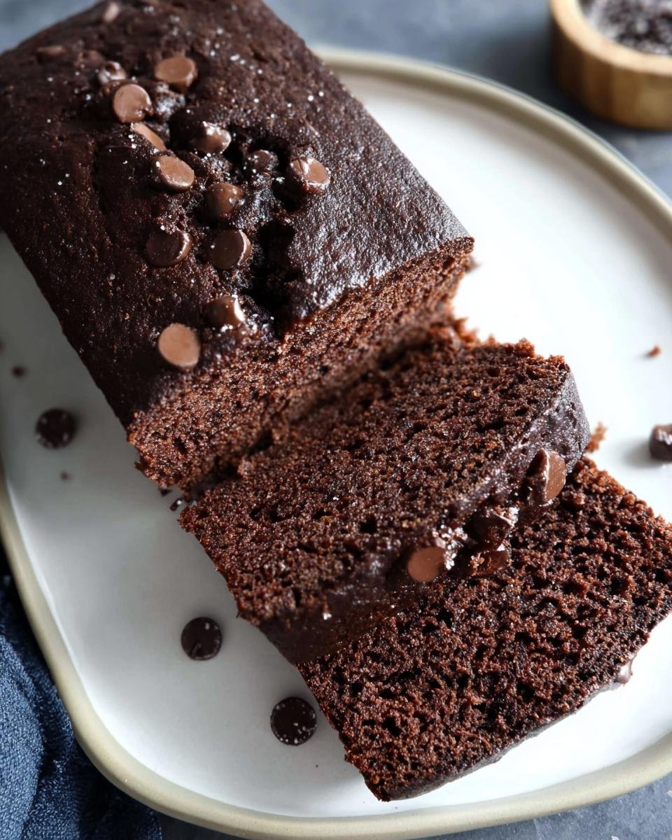 A sliced loaf of Chocolate Espresso Banana Bread topped with chocolate chips on a white plate.