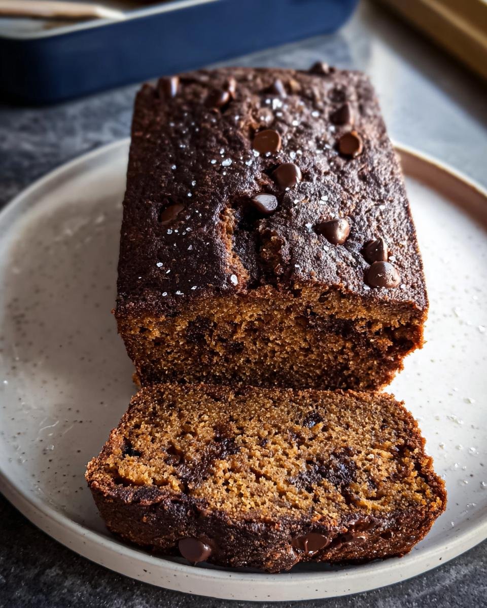 A loaf of Chocolate Espresso Banana Bread with a slice cut, topped with chocolate chips and sea salt.