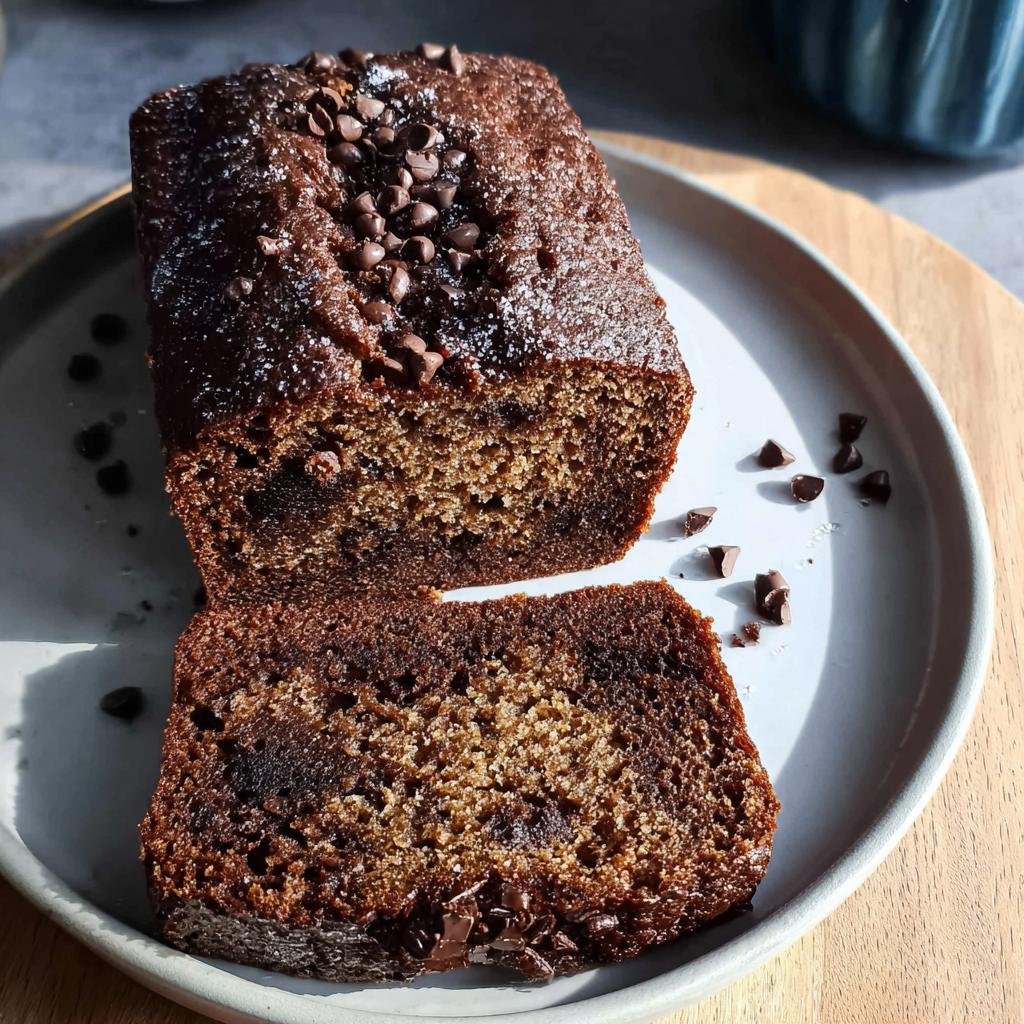 A loaf of Chocolate Espresso Banana Bread with a slice cut, topped with chocolate chips on a plate.