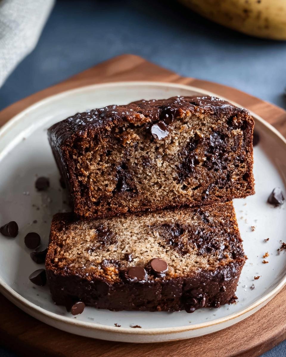 Two slices of Chocolate Espresso Banana Bread stacked on a plate, showing chocolate chips.