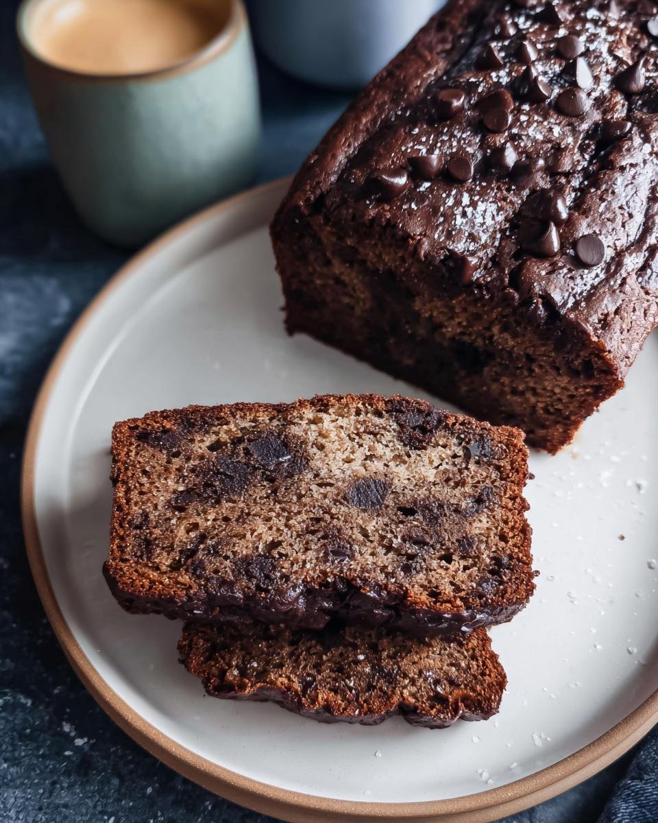 Slices of Chocolate Espresso Banana Bread on a plate, next to the loaf and a cup of coffee.