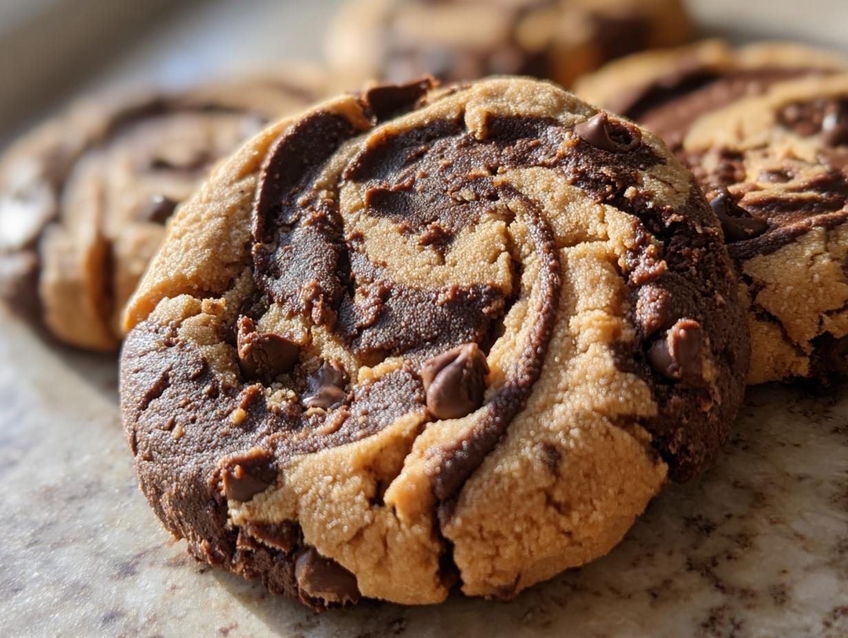 A close-up of swirled Chocolate-Peanut Butter Cookies, showcasing the chocolate chips and textured surface.