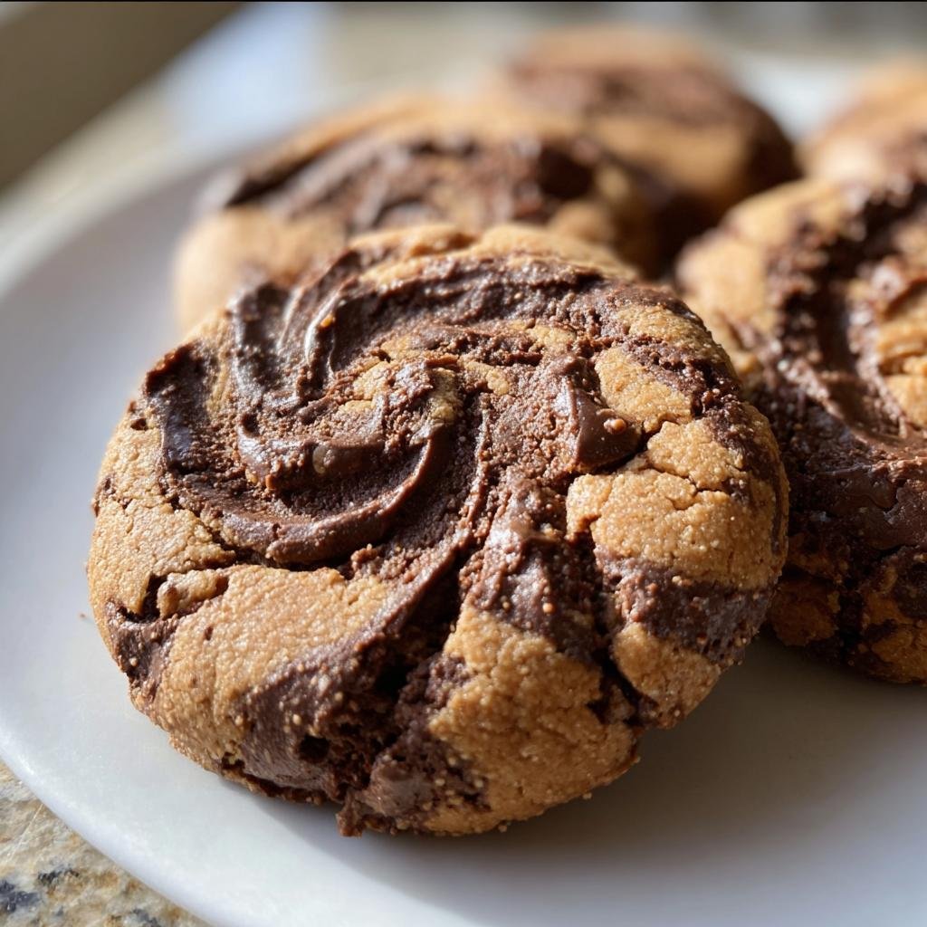 A close-up of Chocolate-Peanut Butter Cookies with a swirl design on a white plate.