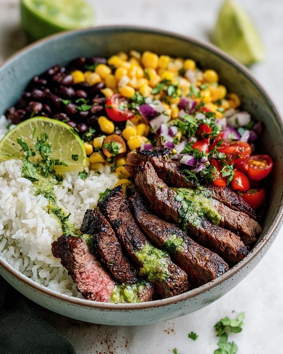 A vibrant Cilantro Lime Steak Bowl filled with rice, steak, black beans, corn, and fresh salsa.