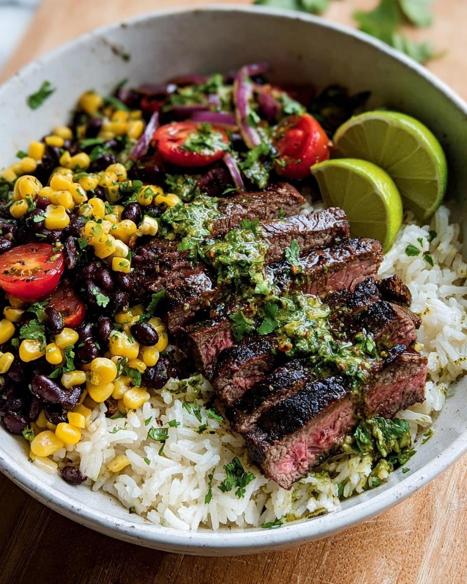 A vibrant Cilantro Lime Steak Bowl filled with rice, beans, corn, and sliced steak topped with cilantro lime sauce.