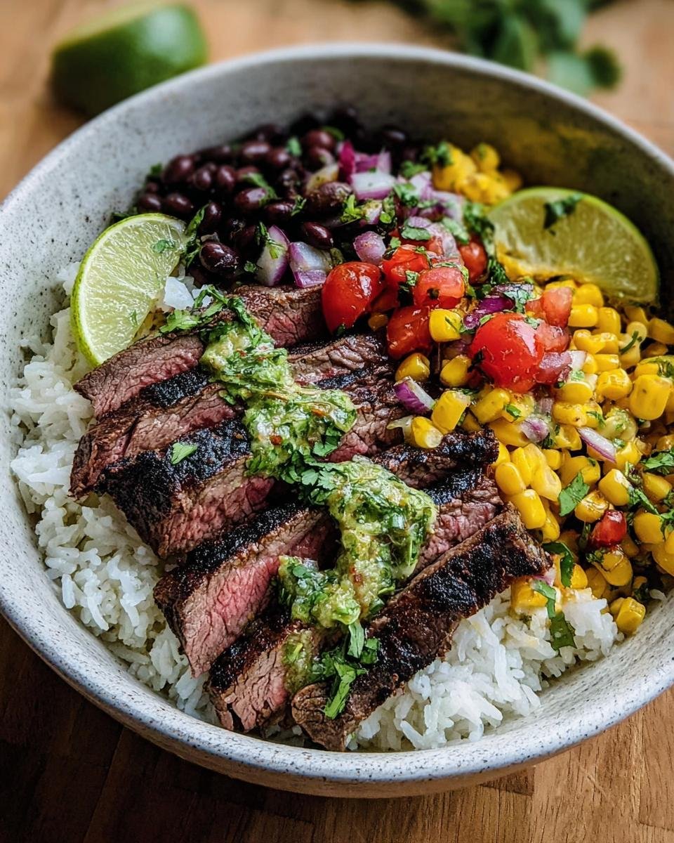 A vibrant Cilantro Lime Steak Bowl with rice, steak, black beans, corn salsa, and a lime wedge.