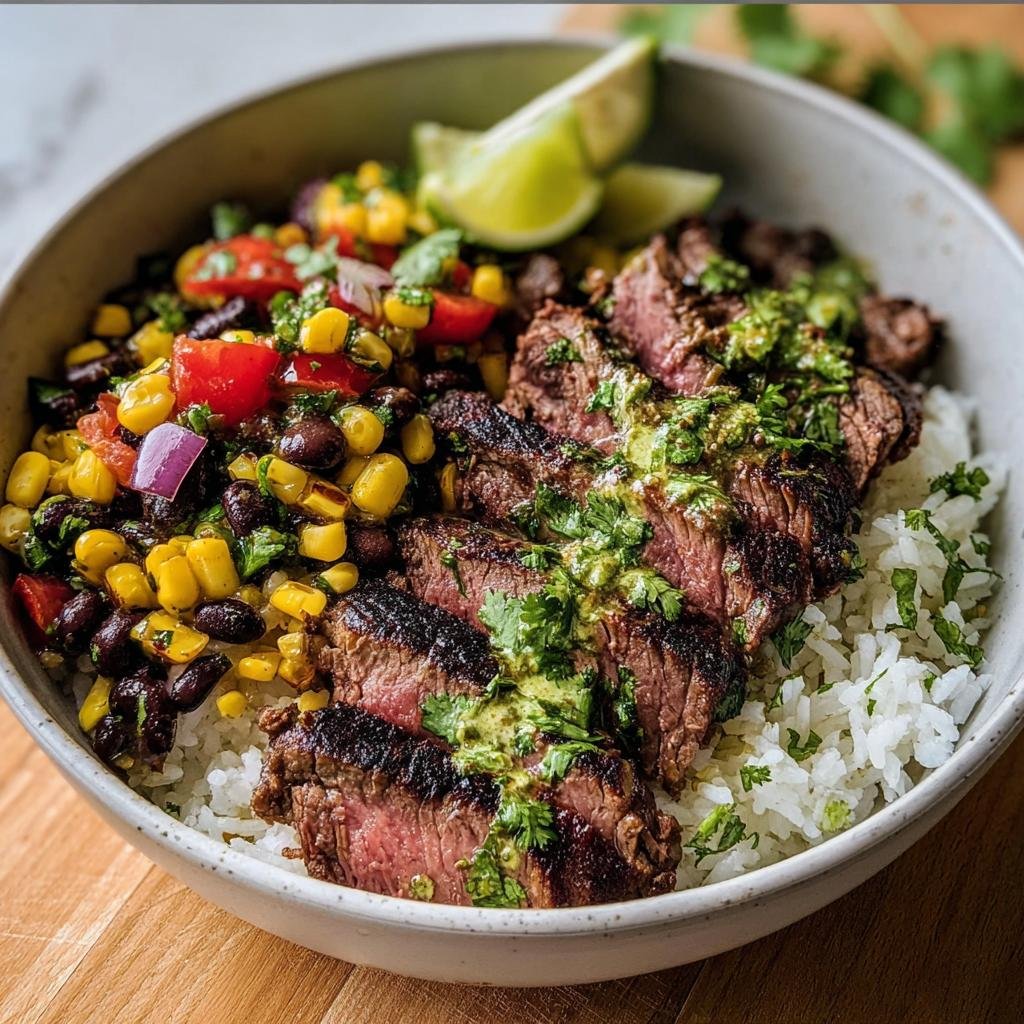 A vibrant Cilantro Lime Steak Bowl with rice, steak, corn and black bean salsa, and a lime wedge.