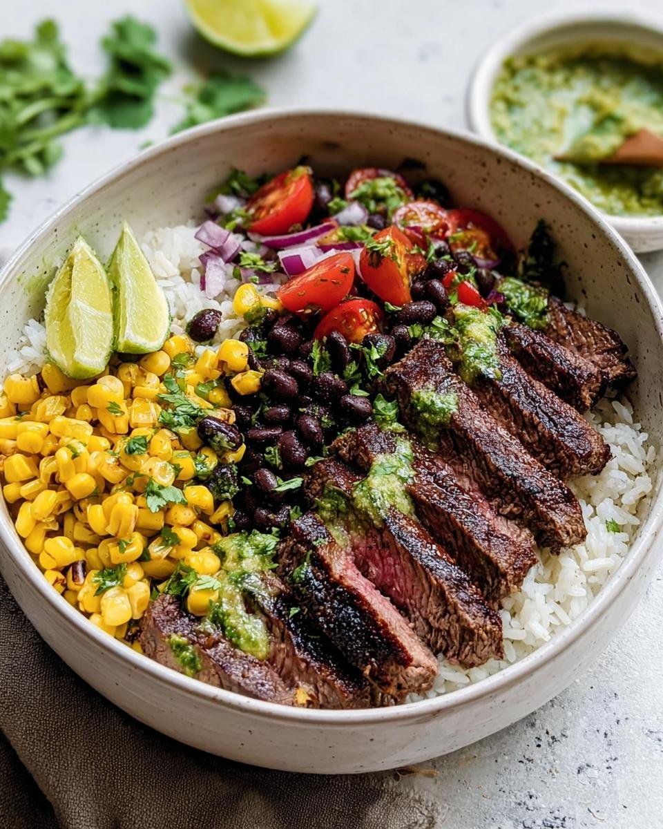 A vibrant Cilantro Lime Steak Bowl filled with rice, steak, corn, beans, and fresh toppings.