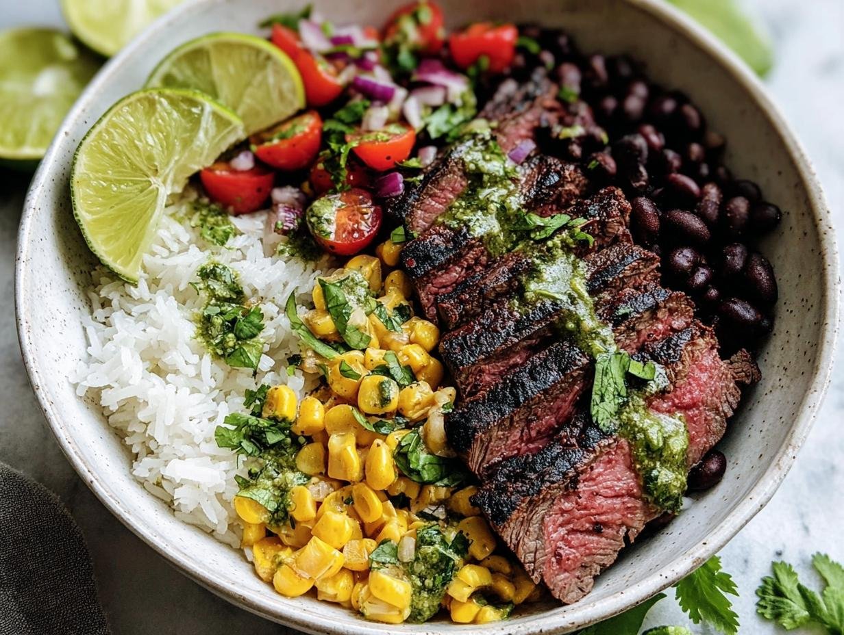 Overhead shot of a Cilantro Lime Steak Bowls with rice, corn, black beans, salsa, and lime.