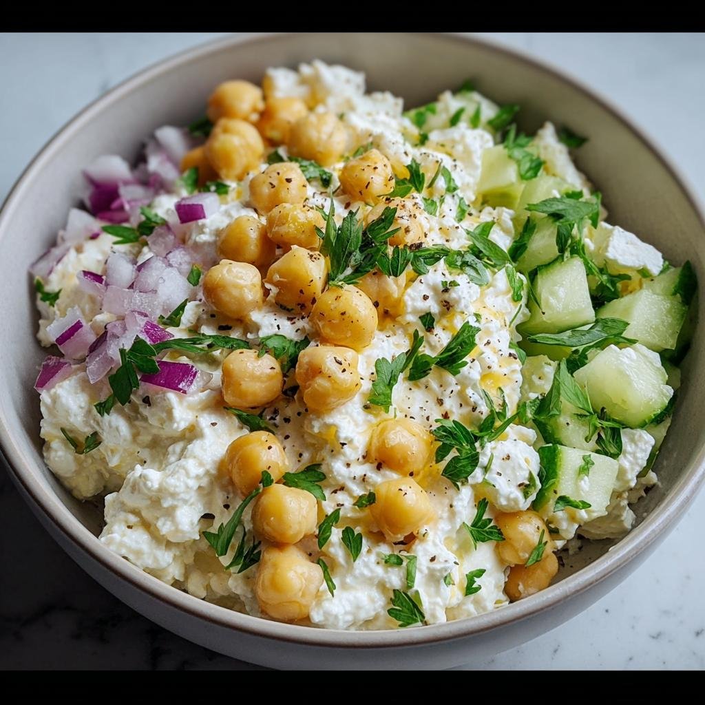 A bowl of Cottage Cheese and Chickpea Salad with red onion, cucumber, and parsley.