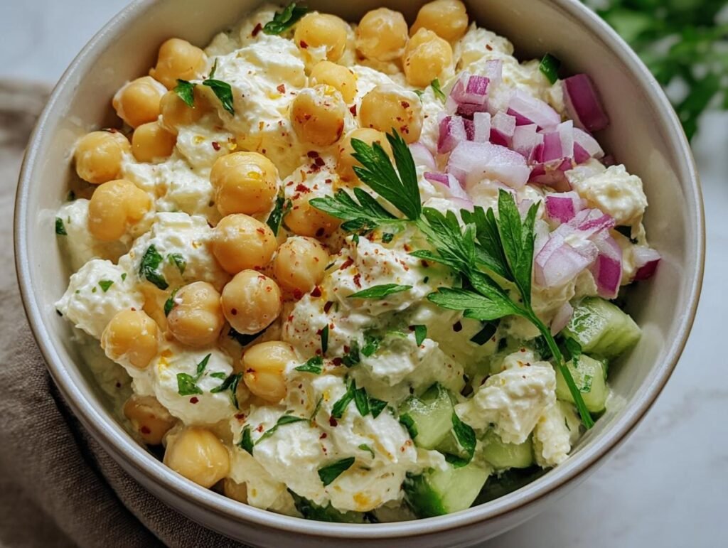 A vibrant bowl of Cottage Cheese and Chickpea Salad with cucumber, red onion, and fresh parsley.