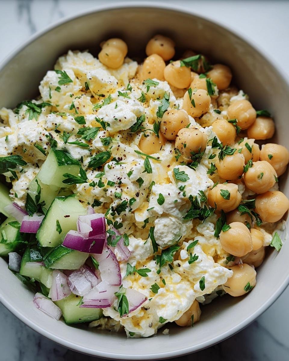 A bowl of Cottage Cheese and Chickpea Salad with cucumber, red onion, and fresh parsley.