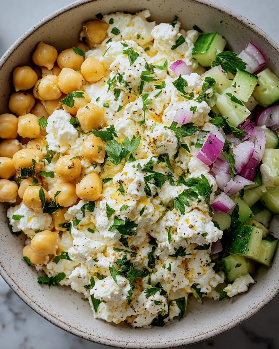 Overhead shot of a bowl filled with Cottage Cheese and Chickpea Salad, including cucumbers and red onion.