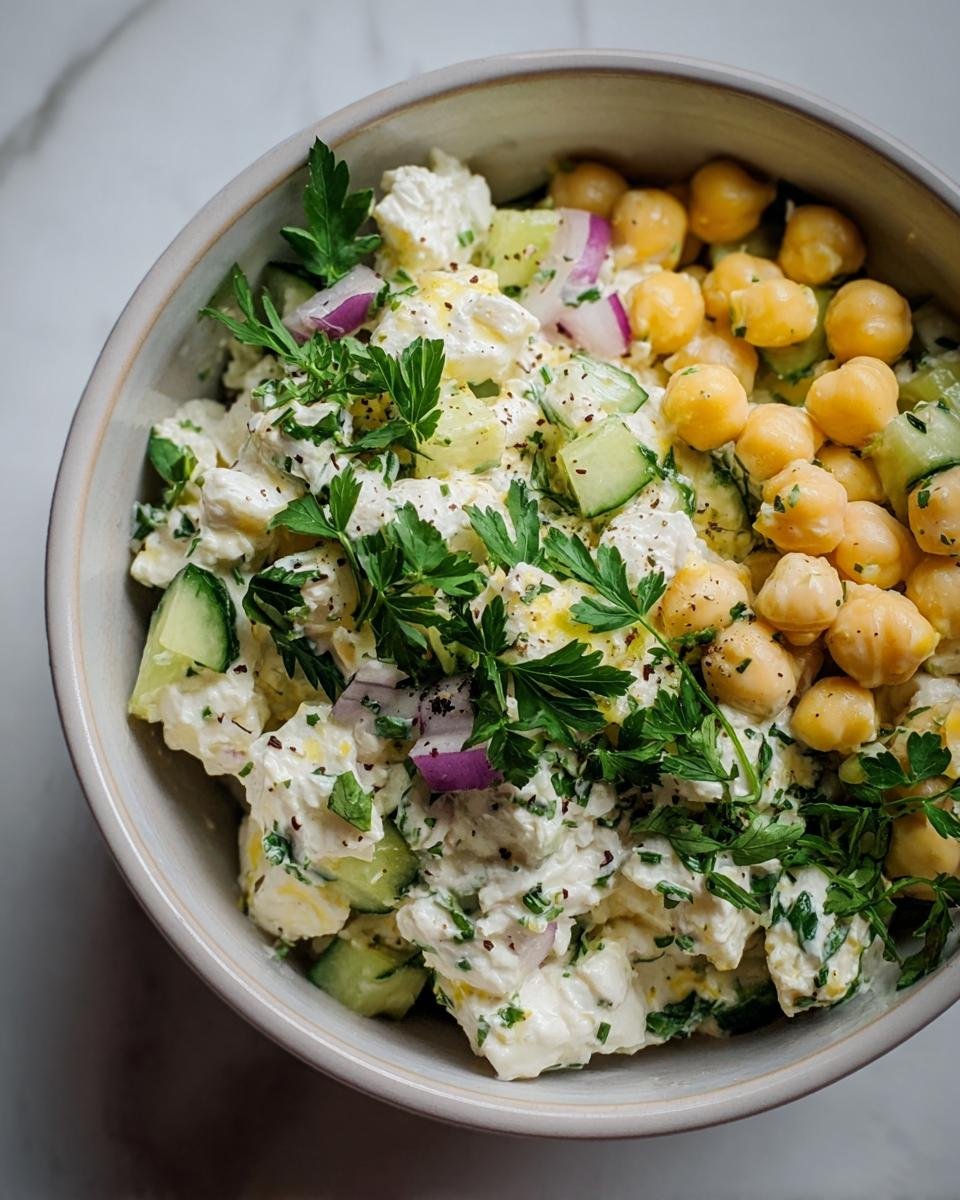 Overhead shot of a bowl filled with Cottage Cheese and Chickpea Salad, garnished with fresh parsley and red onion.