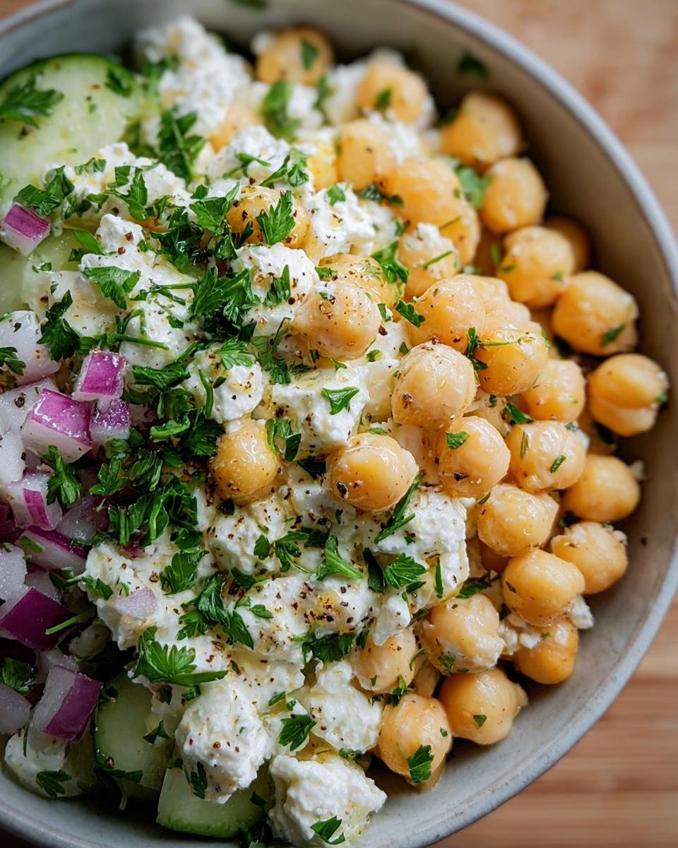 Overhead shot of a bowl of Cottage Cheese and Chickpea Salad with cucumber and red onion.