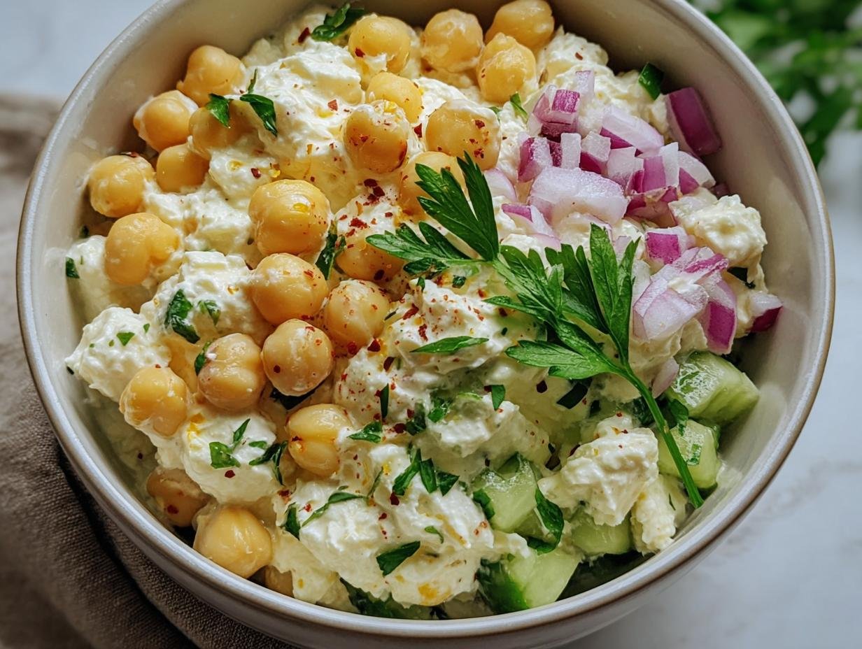 A vibrant bowl of Cottage Cheese and Chickpea Salad with cucumber, red onion, and fresh parsley.