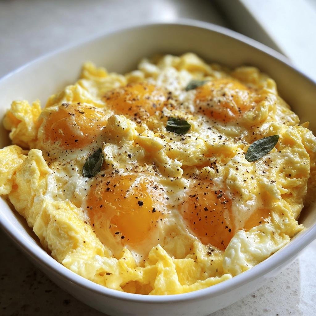 Bowl of fluffy Cottage Cheese Eggs, seasoned with pepper and garnished with fresh herbs.