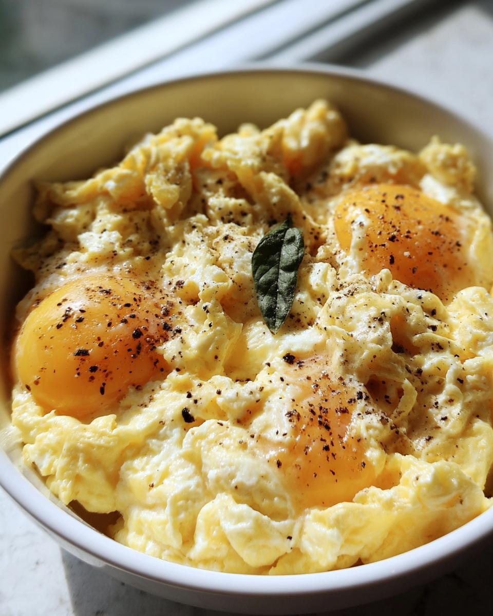 A bowl of cottage cheese eggs, topped with cracked pepper and garnished with a sage leaf.