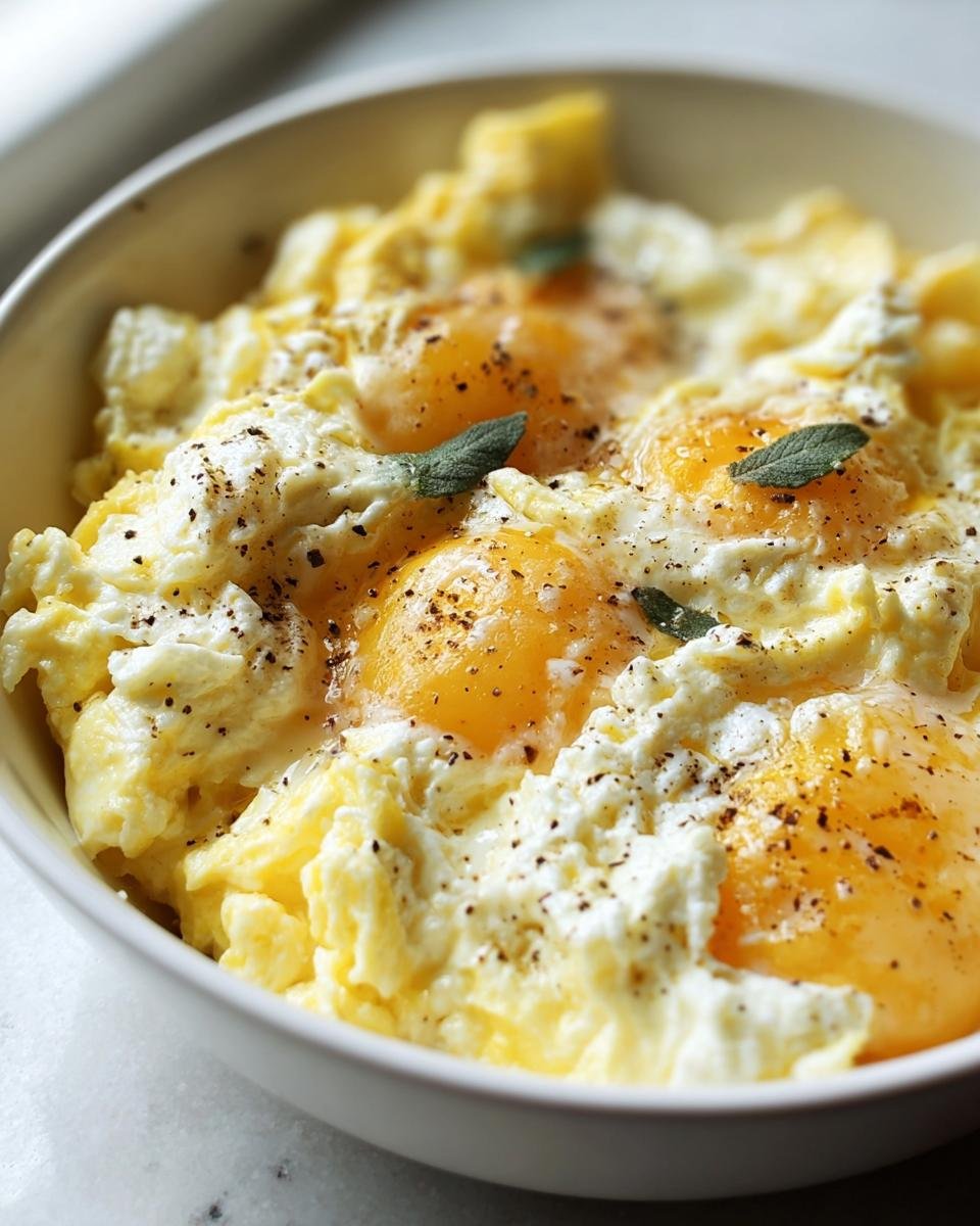 A bowl of Cottage Cheese Eggs, garnished with pepper and sage leaves, showing a creamy texture and bright yolks.