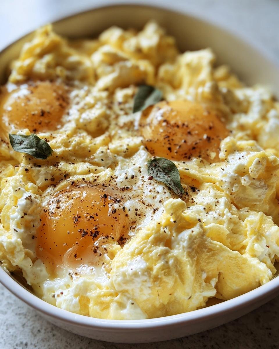 Bowl of cottage cheese eggs, topped with fresh herbs and black pepper. High-protein breakfast idea.