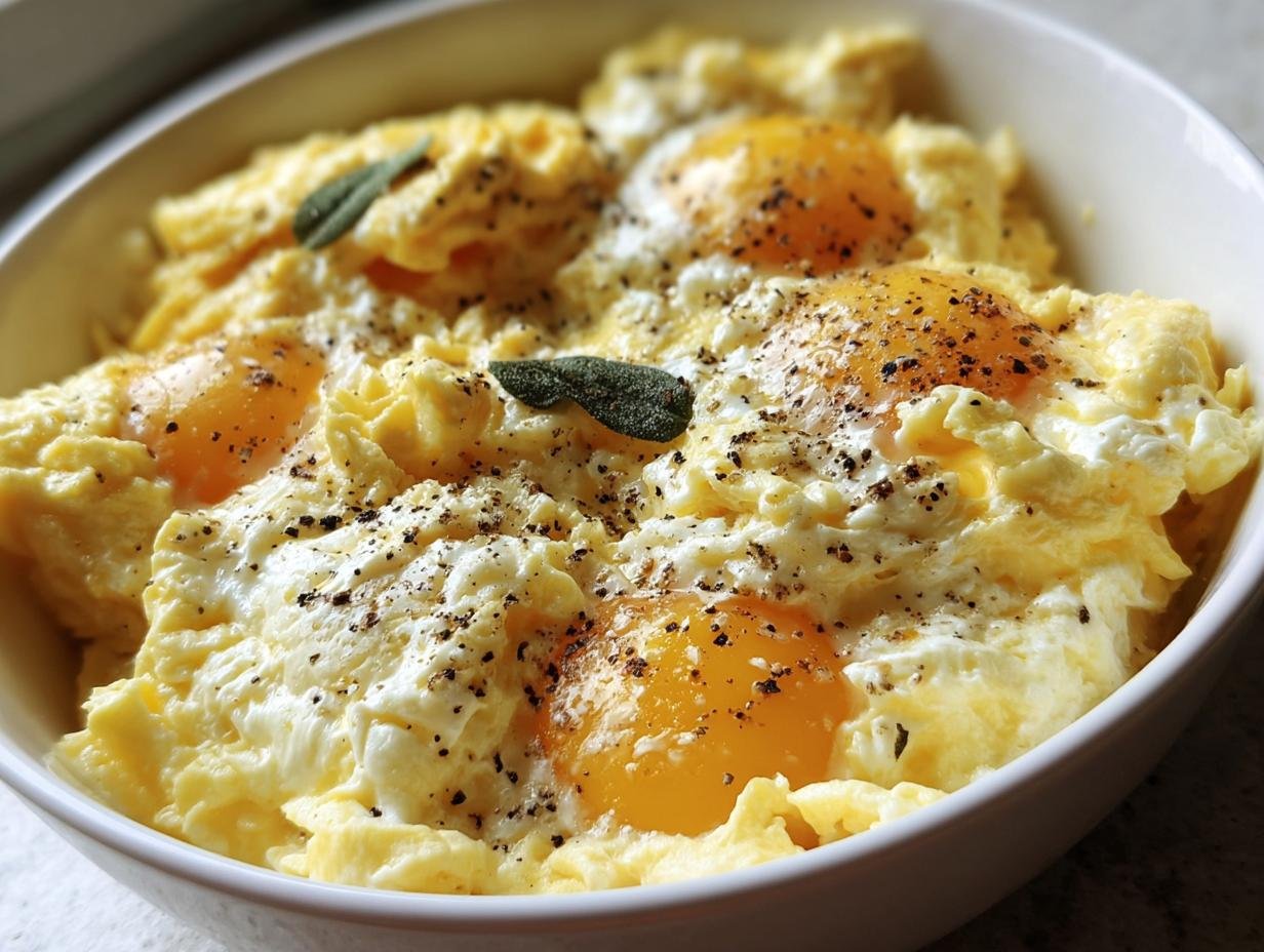 A bowl of fluffy Cottage Cheese Eggs, seasoned with pepper and garnished with sage.