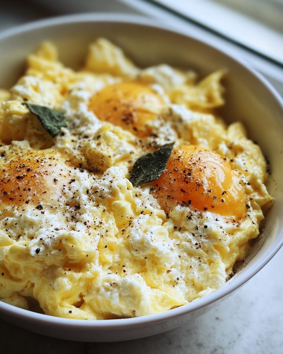 A bowl of cottage cheese eggs, topped with fresh sage and cracked black pepper, ready to eat.