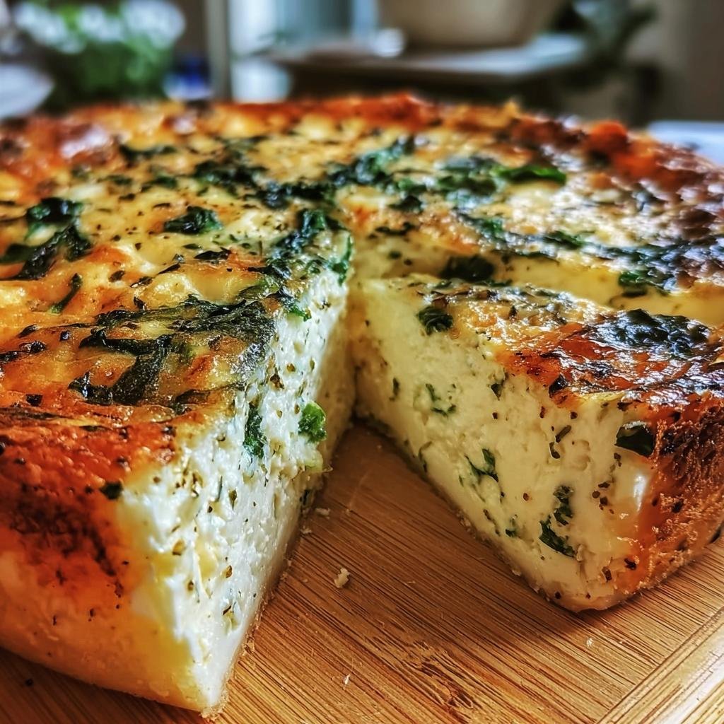 A delicious slice of Cottage Cheese and Spinach Quiche on a wooden board, showcasing the creamy filling and spinach.