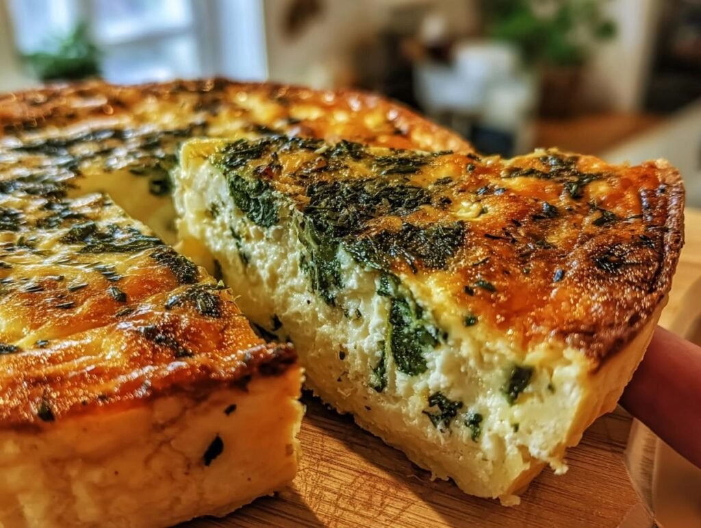 A slice of Cottage Cheese and Spinach Quiche with a golden crust sits on a wooden board, showcasing the creamy filling.